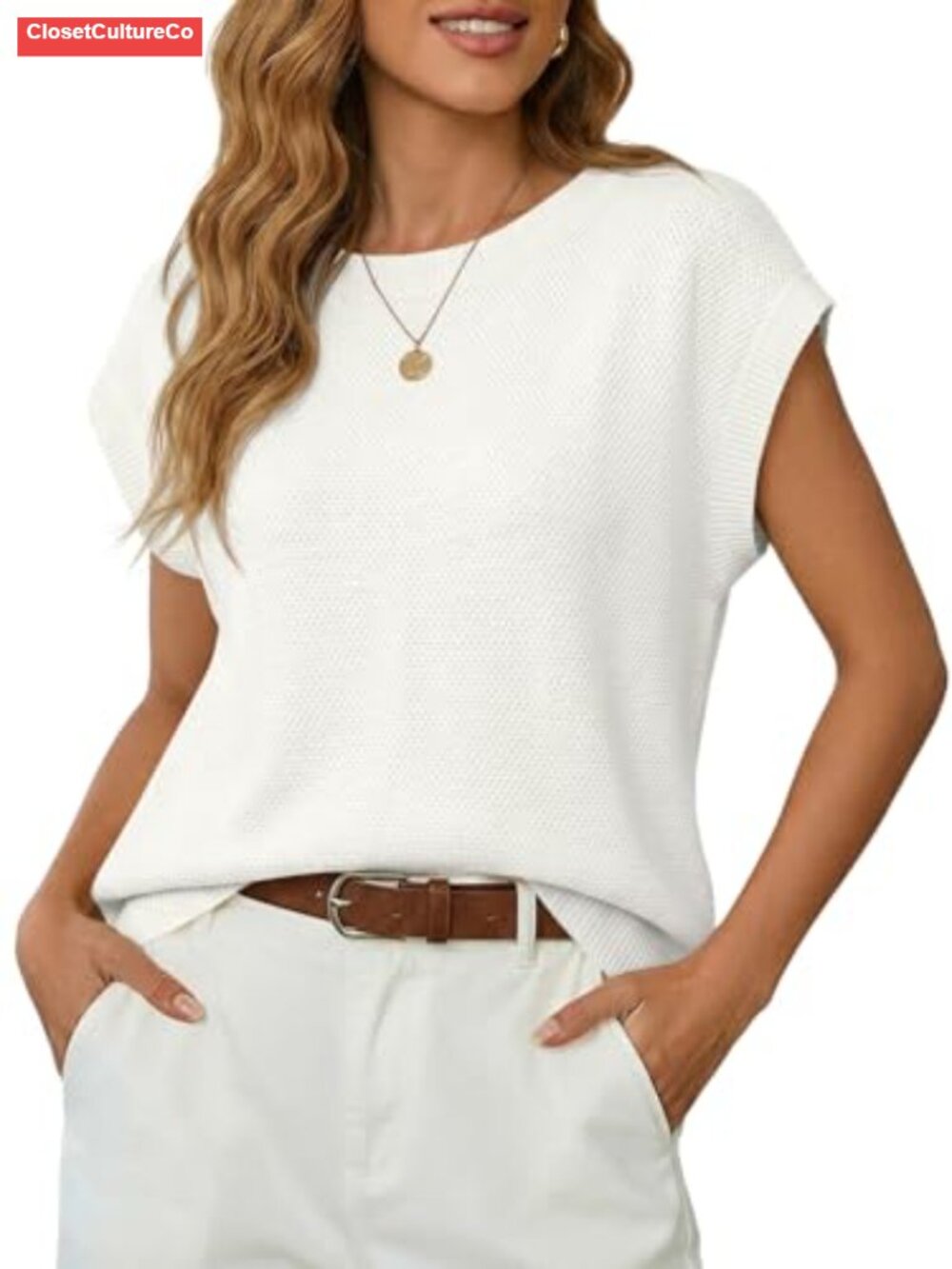 Womens Cap Sleeve Sweater Knit Tank Top Crew Neck Loose Fit Vest